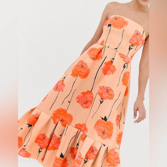 ASOS DESIGN Poppy Printed Bandeau Midi Dress with Ruffle Pep Hem - Picture 5 of 12